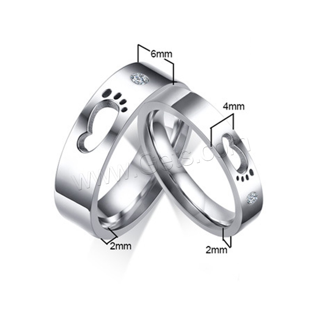Stainless Steel Couple Ring, Footprint, different size for choice & with rhinestone, original color, 6x2mm, 4x2mm, Sold By PC