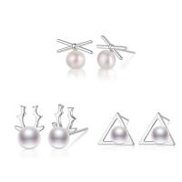 Sterling Silver Natural Pearl Stud Earring, 925 Sterling Silver, with Freshwater Pearl, stainless steel post pin, silver color plated & for woman 