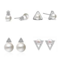 Sterling Silver Natural Pearl Stud Earring, 925 Sterling Silver, with Freshwater Pearl, stainless steel post pin, silver color plated & for woman & with cubic zirconia 