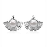 Sterling Silver Natural Pearl Stud Earring, 925 Sterling Silver, with Freshwater Pearl, stainless steel post pin, Ginkgo Leaf, silver color plated, for woman 