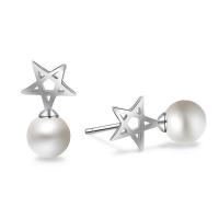 Sterling Silver Natural Pearl Stud Earring, 925 Sterling Silver, with Freshwater Pearl, stainless steel post pin, Star, silver color plated, for woman 
