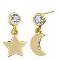 Asymmetric Earrings, 925 Sterling Silver, stainless steel post pin, Moon and Star, gold color plated, for woman & with cubic zirconia 