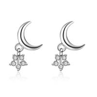 Sterling Silver Cubic Zirconia Earring, 925 Sterling Silver, stainless steel post pin, Moon and Star, silver color plated, for woman & with cubic zirconia 