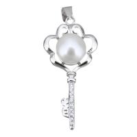 Cultured Pearl Sterling Silver Pendants, 925 Sterling Silver, with Freshwater Pearl, Key, micro pave cubic zirconia Approx 