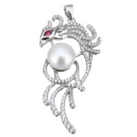Cultured Pearl Sterling Silver Pendants, 925 Sterling Silver, with Freshwater Pearl, Phoenix, micro pave cubic zirconia Approx 