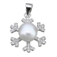 Cultured Pearl Sterling Silver Pendants, 925 Sterling Silver, with Freshwater Pearl, Snowflake, micro pave cubic zirconia Approx 