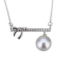 Sterling Silver Pearl Necklace, 925 Sterling Silver, with Freshwater Pearl, with 2Inch extender chain, Bowknot, oval chain & micro pave cubic zirconia & for woman, 15mm 1mm Approx 16 Inch 