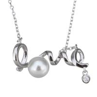 Sterling Silver Pearl Necklace, 925 Sterling Silver, with Freshwater Pearl, with 1.5Inch extender chain, Letter, word love, oval chain & micro pave cubic zirconia & for woman 1mm Approx 15 Inch 