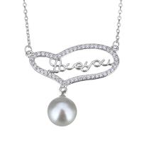 Sterling Silver Pearl Necklace, 925 Sterling Silver, with Freshwater Pearl, with 2Inch extender chain, word I love you, oval chain & micro pave cubic zirconia & for woman, 23mm 1mm Approx 16 Inch 