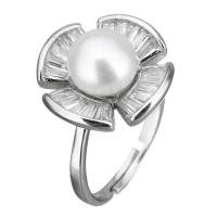 Cultured Freshwater Pearl Finger Ring, 925 Sterling Silver, with Freshwater Pearl, Flower, for woman & with cubic zirconia US Ring 