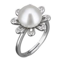Cultured Freshwater Pearl Finger Ring, 925 Sterling Silver, with Freshwater Pearl, Flower, micro pave cubic zirconia & for woman US Ring 