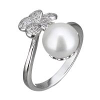 Cultured Freshwater Pearl Finger Ring, 925 Sterling Silver, with Freshwater Pearl, Flower, micro pave cubic zirconia & for woman, 17mm, US Ring 