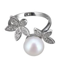 Cultured Freshwater Pearl Finger Ring, 925 Sterling Silver, with Freshwater Pearl, Flower, micro pave cubic zirconia & for woman  US Ring .5 