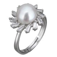 Cultured Freshwater Pearl Finger Ring, 925 Sterling Silver, with Freshwater Pearl, for woman & with cubic zirconia, 14mm, US Ring 