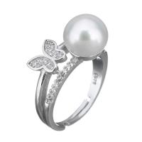 Cultured Freshwater Pearl Finger Ring, 925 Sterling Silver, with Freshwater Pearl, Butterfly, micro pave cubic zirconia & for woman, 13mm, US Ring .5 