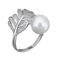 Cultured Freshwater Pearl Finger Ring, 925 Sterling Silver, with Freshwater Pearl, Feather, micro pave cubic zirconia & for woman, 9mm, 12mm, US Ring .5 