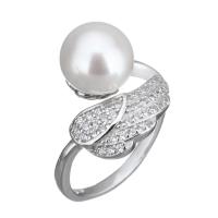 Cultured Freshwater Pearl Finger Ring, 925 Sterling Silver, with Freshwater Pearl, Wing Shape, micro pave cubic zirconia & for woman, 15mm, US Ring .5 