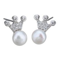 Sterling Silver Natural Pearl Stud Earring, 925 Sterling Silver, with Freshwater Pearl, Crown, without stopper & micro pave cubic zirconia & for woman 0.5mm 