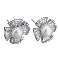 Sterling Silver Natural Pearl Stud Earring, 925 Sterling Silver, with Freshwater Pearl, Flower, without stopper & for woman & with cubic zirconia 0.5mm 