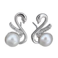 Sterling Silver Natural Pearl Stud Earring, 925 Sterling Silver, with Freshwater Pearl, Swan, without stopper & micro pave cubic zirconia & for woman 0.5mm 