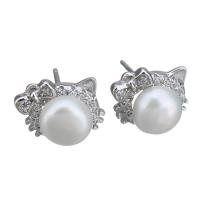 Sterling Silver Natural Pearl Stud Earring, 925 Sterling Silver, with Freshwater Pearl, Cat, without stopper & micro pave cubic zirconia & for woman 0.5mm 