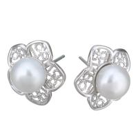 Sterling Silver Natural Pearl Stud Earring, 925 Sterling Silver, with Freshwater Pearl, Flower, without stopper & for woman & hollow 0.5mm 