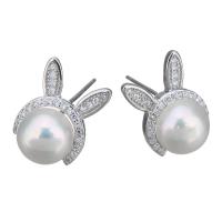 Sterling Silver Natural Pearl Stud Earring, 925 Sterling Silver, with Freshwater Pearl, Rabbit, without stopper & micro pave cubic zirconia & for woman 0.5mm 