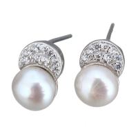Sterling Silver Natural Pearl Stud Earring, 925 Sterling Silver, with Freshwater Pearl, without stopper & micro pave cubic zirconia & for woman 0.5mm 