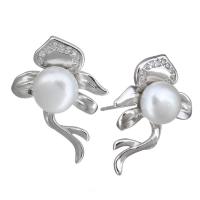 Sterling Silver Natural Pearl Stud Earring, 925 Sterling Silver, with Freshwater Pearl, Flower, without stopper & micro pave cubic zirconia & for woman 0.5mm 