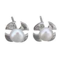Sterling Silver Natural Pearl Stud Earring, 925 Sterling Silver, with Freshwater Pearl, Flower, without stopper & for woman 0.5mm 