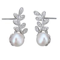 Sterling Silver Natural Pearl Stud Earring, 925 Sterling Silver, with Freshwater Pearl, Branch, without stopper & micro pave cubic zirconia & for woman 0.5mm 