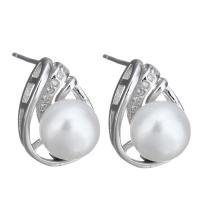 Sterling Silver Natural Pearl Stud Earring, 925 Sterling Silver, with Freshwater Pearl, Teardrop, without stopper & micro pave cubic zirconia & for woman 0.5mm 