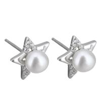 Sterling Silver Natural Pearl Stud Earring, 925 Sterling Silver, with Freshwater Pearl, Star, without stopper & micro pave cubic zirconia & for woman 0.5mm 