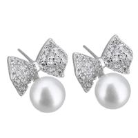 Sterling Silver Natural Pearl Stud Earring, 925 Sterling Silver, with Freshwater Pearl, Bowknot, without stopper & micro pave cubic zirconia & for woman 0.5mm 
