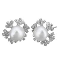 Sterling Silver Natural Pearl Stud Earring, 925 Sterling Silver, with Freshwater Pearl, Snowflake, without stopper & micro pave cubic zirconia & for woman 0.5mm 