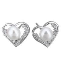 Sterling Silver Natural Pearl Stud Earring, 925 Sterling Silver, with Freshwater Pearl, Heart, without stopper & micro pave cubic zirconia & for woman 0.5mm 