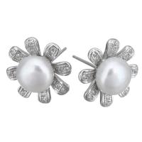 Sterling Silver Natural Pearl Stud Earring, 925 Sterling Silver, with Freshwater Pearl, Flower, without stopper & micro pave cubic zirconia & for woman 0.5mm 