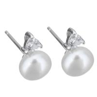 Sterling Silver Natural Pearl Stud Earring, 925 Sterling Silver, with Freshwater Pearl, without stopper & for woman & with cubic zirconia 0.5mm 