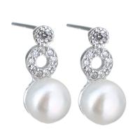 Sterling Silver Natural Pearl Stud Earring, 925 Sterling Silver, with Freshwater Pearl, Infinity, without stopper & for woman & with cubic zirconia 0.5mm 