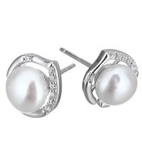 Sterling Silver Natural Pearl Stud Earring, 925 Sterling Silver, with Freshwater Pearl, without stopper & micro pave cubic zirconia & for woman 0.5mm 