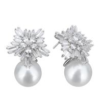 Sterling Silver Natural Pearl Stud Earring, 925 Sterling Silver, with Freshwater Pearl, for woman & with cubic zirconia 0.5mm 