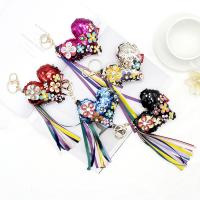 Zinc Alloy Key Chain, with Plastic Sequin & PU Leather & Satin Ribbon, Heart, gold color plated, with rhinestone 220mm 