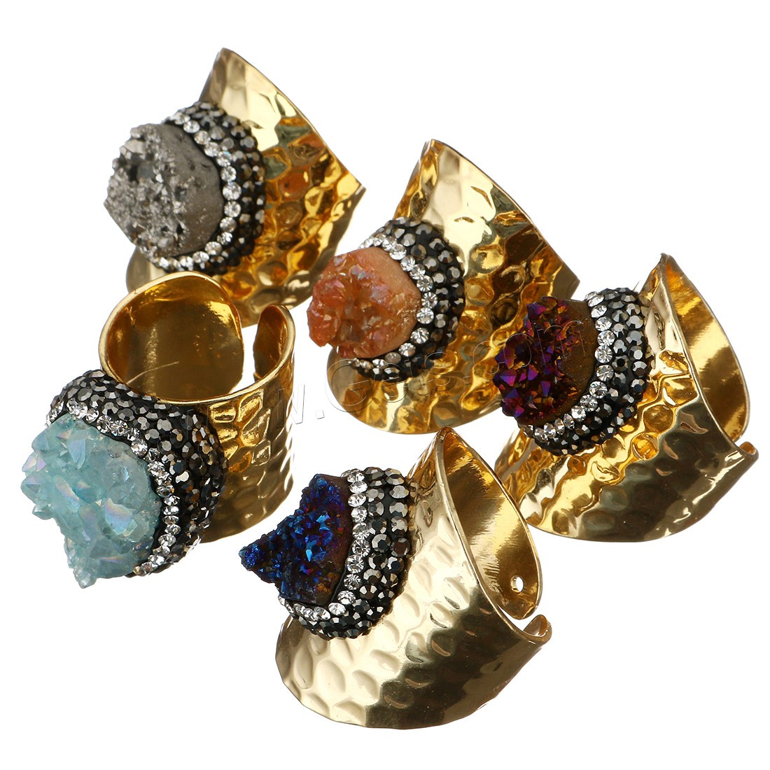 Rhinestone Brass Finger Ring, with Rhinestone Clay Pave & Ice Quartz Agate, gold color plated, druzy style & different size for choice & for woman, mixed colors, 18-24x22-28x30-35mm, 5PCs/Lot, Sold By Lot