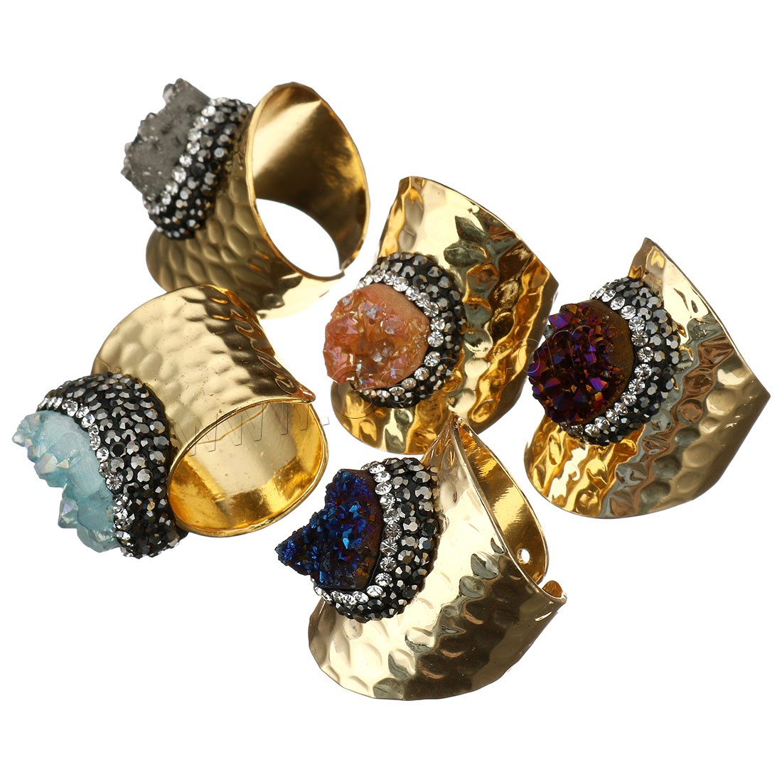Rhinestone Brass Finger Ring, with Rhinestone Clay Pave & Ice Quartz Agate, gold color plated, druzy style & different size for choice & for woman, mixed colors, 18-24x22-28x30-35mm, 5PCs/Lot, Sold By Lot