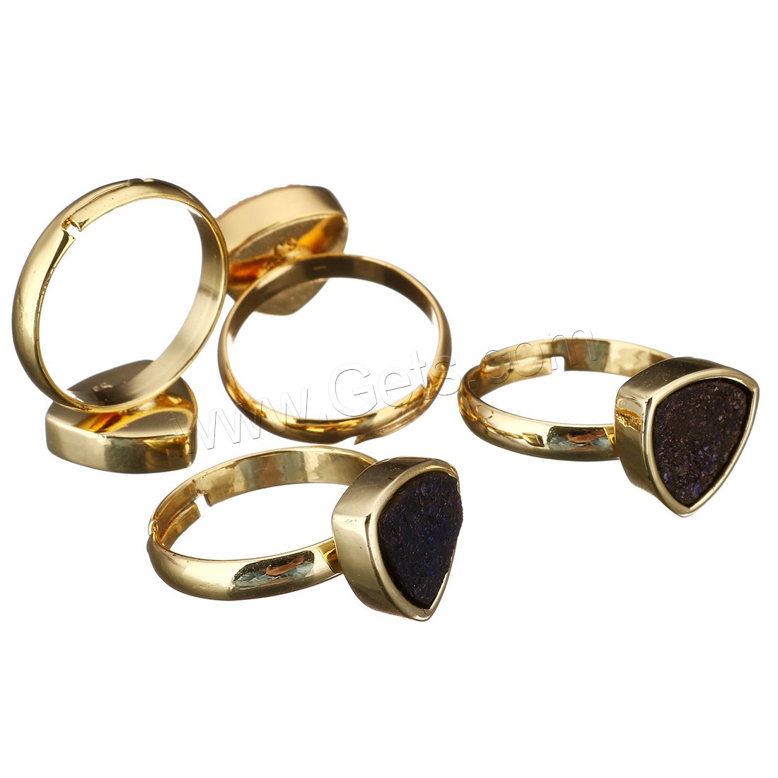 Natural Agate Druzy Finger Ring, Brass, with Ice Quartz Agate, Triangle, gold color plated, druzy style & different size for choice & for woman, mixed colors, 12-13x12-13x6-7mm, 4PCs/Lot, Sold By Lot