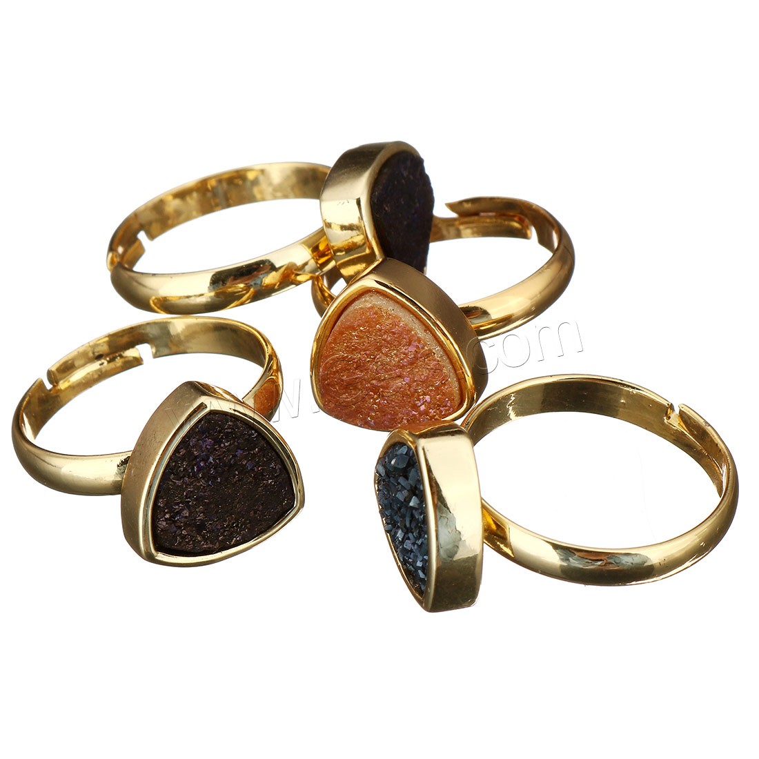 Агат латуни палец кольцо, Латунь, с Ледниковый кварц-агат, Треугольник, плакирован золотом, druzy стиль & разный размер для выбора & Женский, разноцветный, 12-13x12-13x6-7mm, 4ПК/Лот, продается Лот