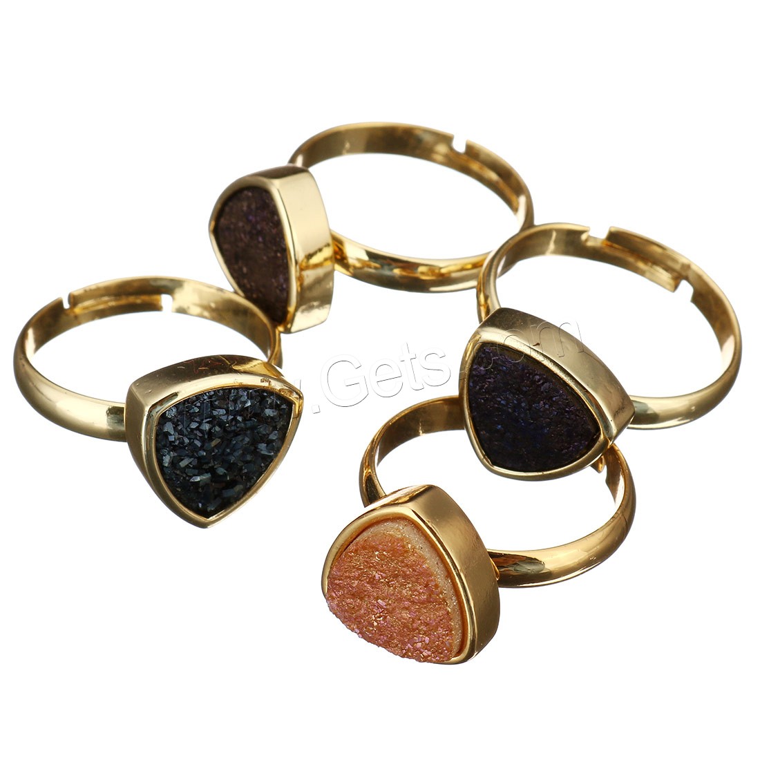 Natural Agate Druzy Finger Ring, Brass, with Ice Quartz Agate, Triangle, gold color plated, druzy style & different size for choice & for woman, mixed colors, 12-13x12-13x6-7mm, 4PCs/Lot, Sold By Lot