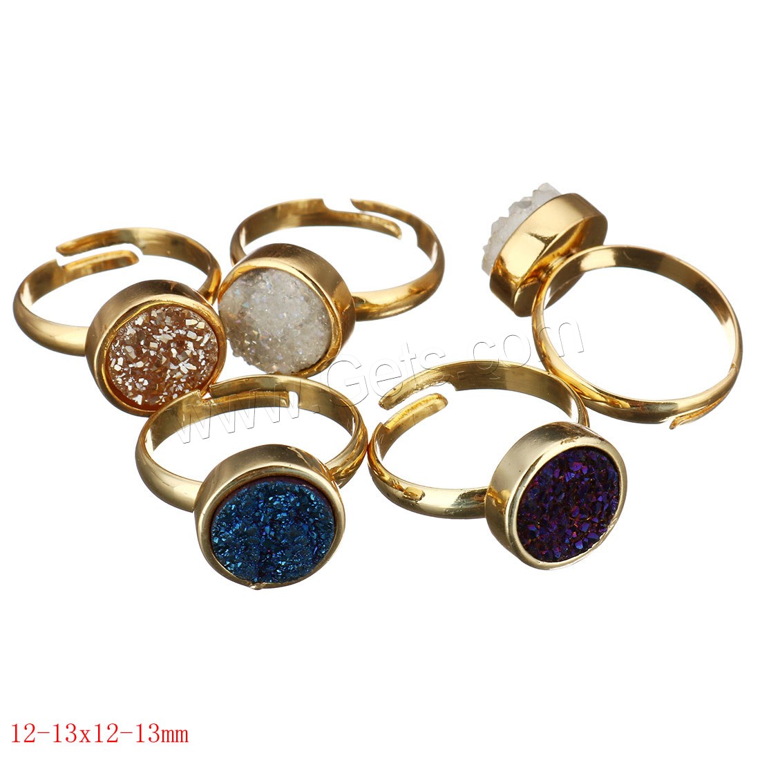 Natural Agate Druzy Finger Ring, Brass, with Ice Quartz Agate, Flat Round, gold color plated, druzy style & different size for choice & for woman, mixed colors, 12-13x12-13x5-7mm, 5PCs/Lot, Sold By Lot
