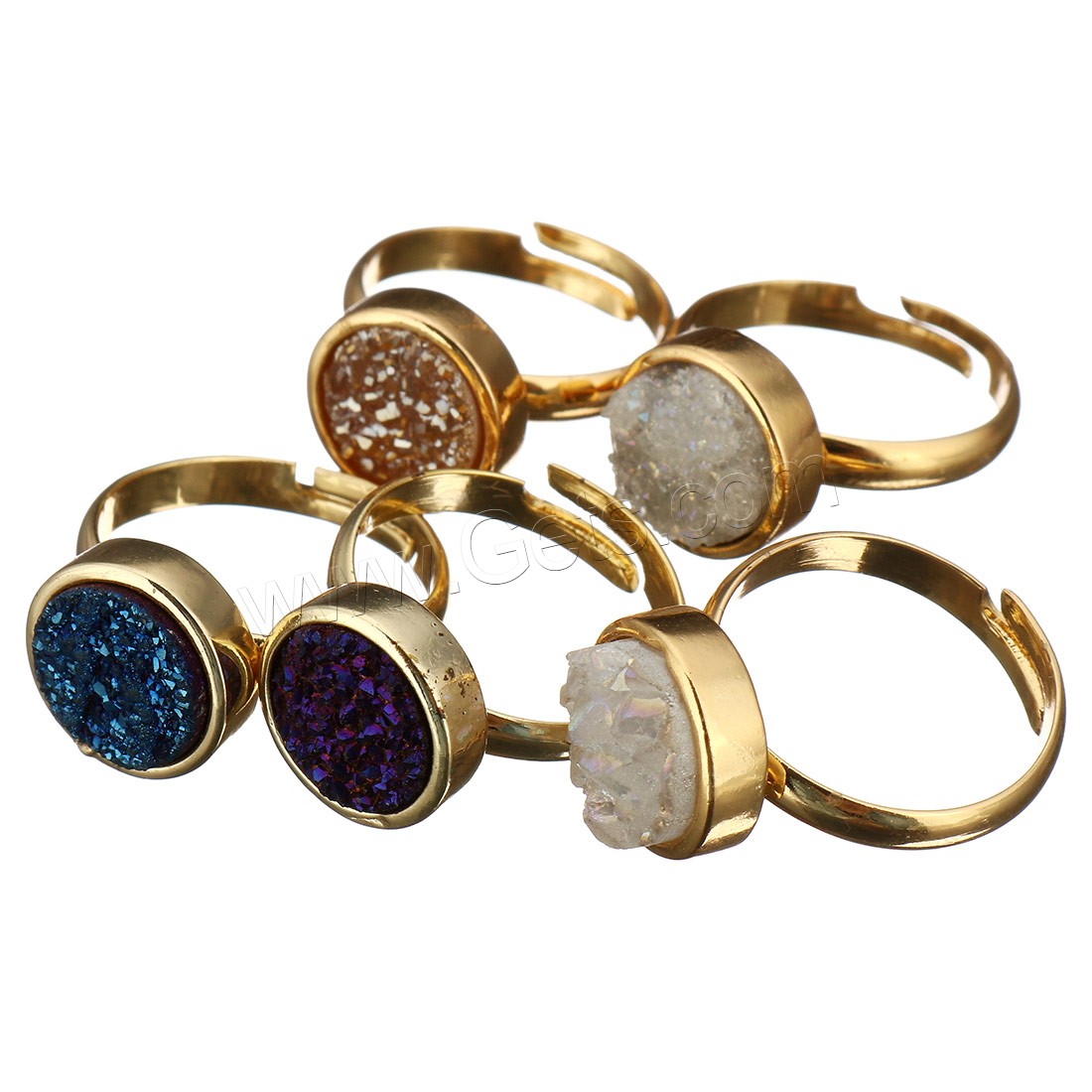Natural Agate Druzy Finger Ring, Brass, with Ice Quartz Agate, Flat Round, gold color plated, druzy style & different size for choice & for woman, mixed colors, 12-13x12-13x5-7mm, 5PCs/Lot, Sold By Lot