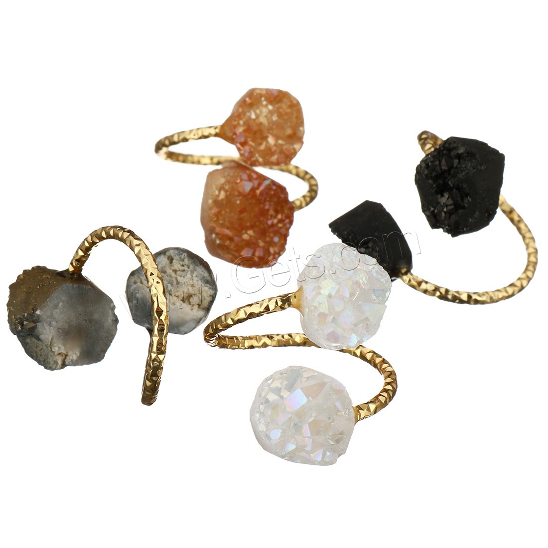 Natural Agate Druzy Finger Ring, Brass, with Ice Quartz Agate, gold color plated, druzy style & different size for choice & for woman, mixed colors, 10-14x20-24x7-9mm, 4PCs/Lot, Sold By Lot